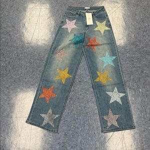 Star-Embellished Wide Leg Jeans